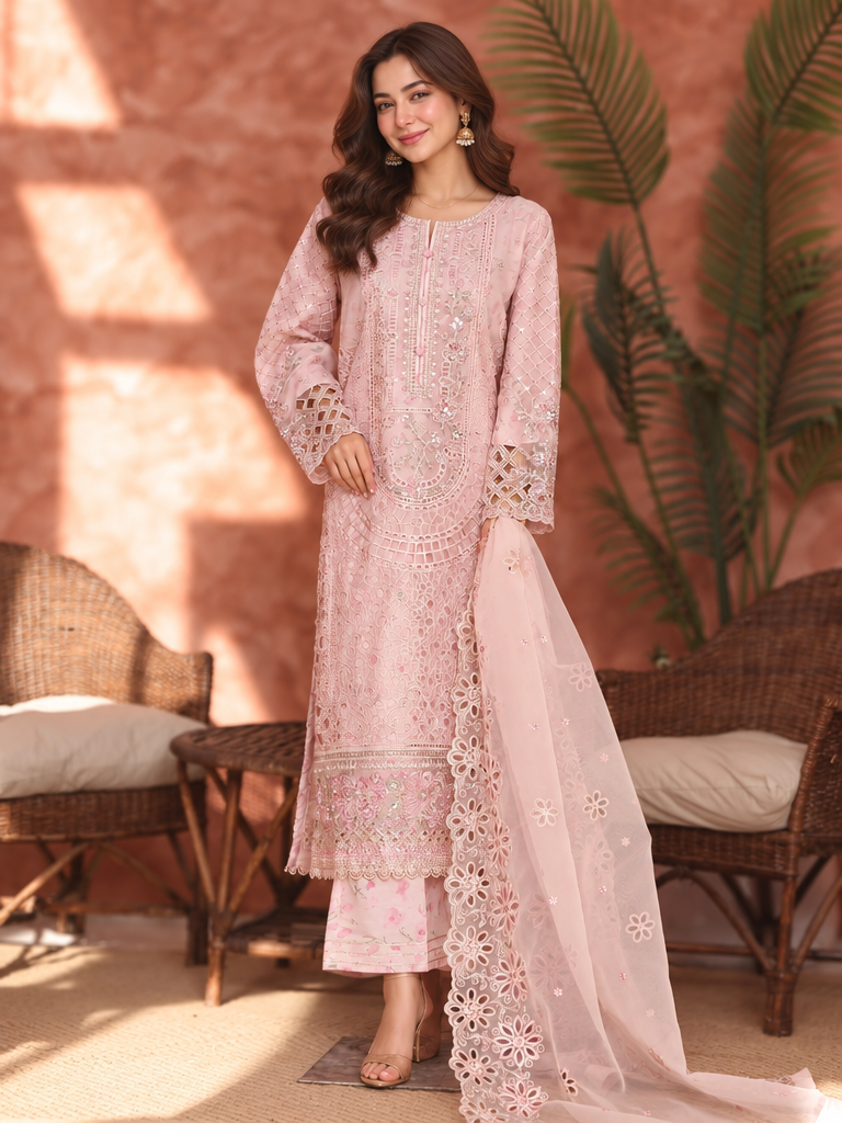 Shaahkaar by HZ Textiles RTW Embroidered Organza 3 Piece Suit HZ26PSO HZK-243 Pastel Pink - Festive Collection