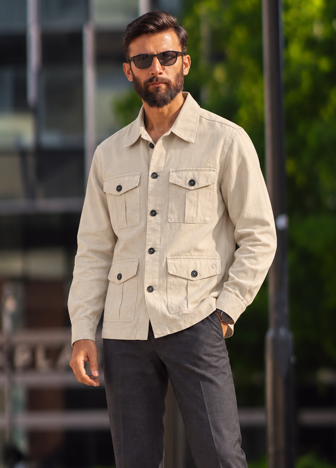 J F Denim Mens Shirt Jacket RTW Solids Linen 1 Piece Beige - Casual Collection