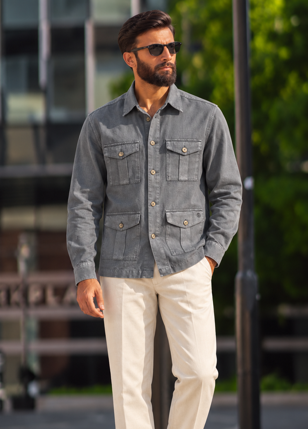 J F Denim Mens Shirt Jacket RTW Solids Linen 1 Piece Dark Grey - Casual Collection