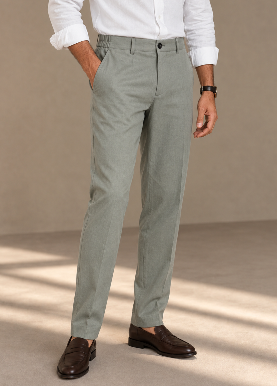 J F Denim Mens RTW Solids Cotton Italian Pants Suit Olive - Casual Collection