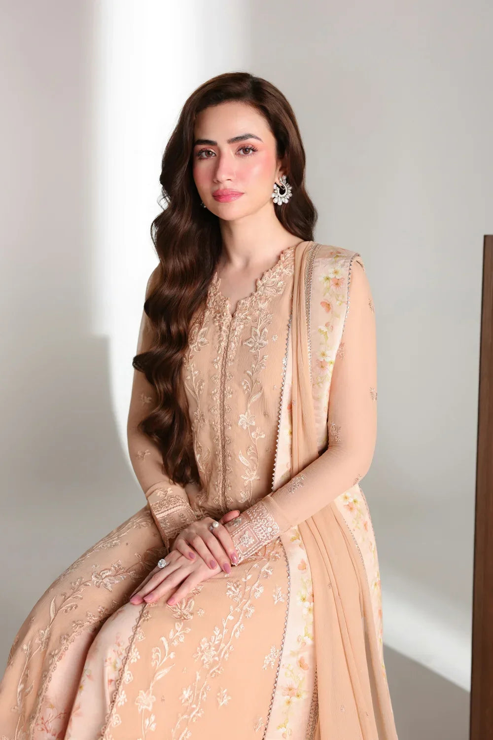 Ensembles by Azure Unstitched Embroidered Chiffon 3 Piece Suit AZ26UEF CREAM DREAM - Festive Collection