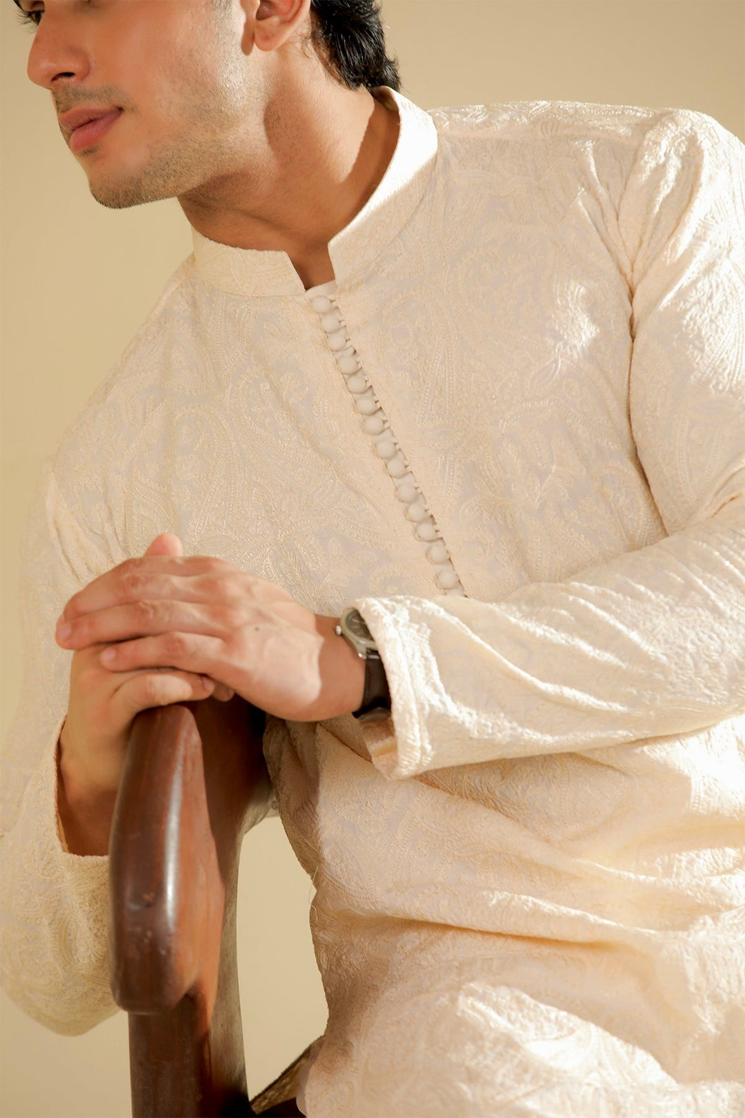 Muraqsh Ready To Wear Embroidered Bosky Men Andaz Bosky White Kurta Trouser MUR-A-BWR - Winter Collection