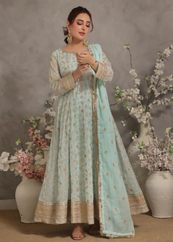 Unss Apparel Women Pret Embroidered Chiffon 3 Piece Suit Haani Mint Green - Festive Collection