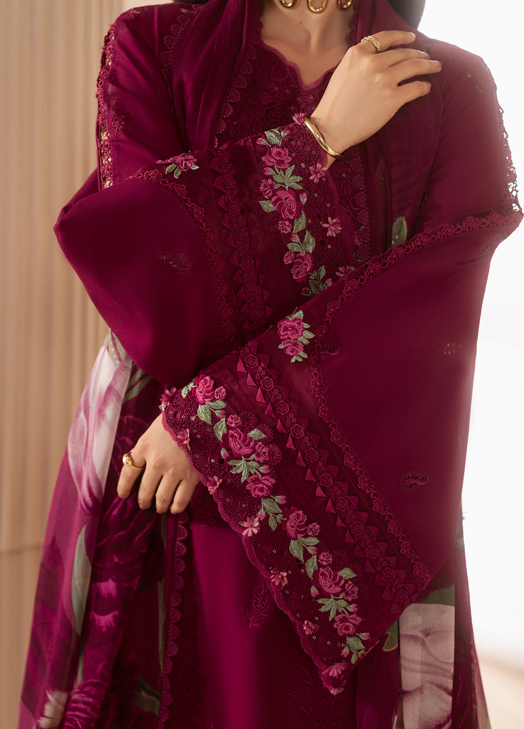 E-Craft by Elaf Unstitched Embroidered Lawn 3 Piece Suit EHC-4A Garnet - Casual Collection