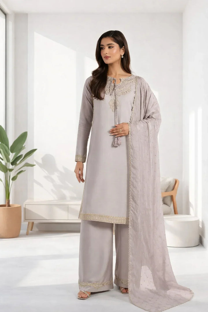 Silk Atelier by Jamni RTW Embroidered Korean Silk 3 Piece Suit DUSTY BLUSH Festive Collection