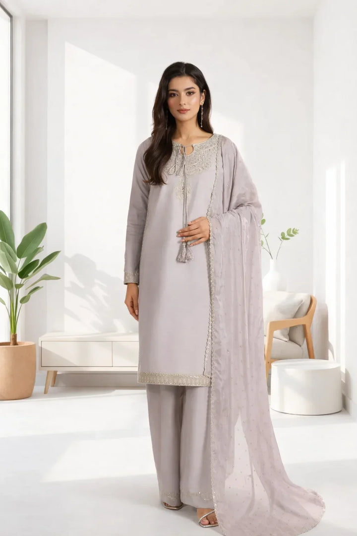 Silk Atelier by Jamni RTW Embroidered Korean Silk 3 Piece Suit DUSTY BLUSH Festive Collection