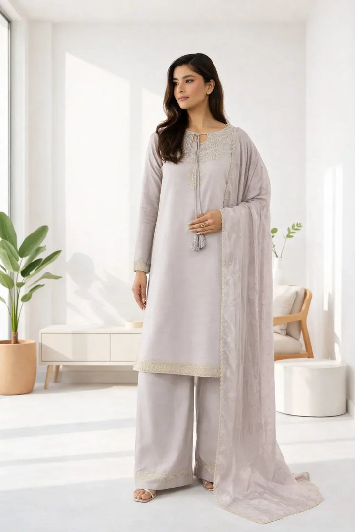 Silk Atelier by Jamni RTW Embroidered Korean Silk 3 Piece Suit DUSTY BLUSH Festive Collection