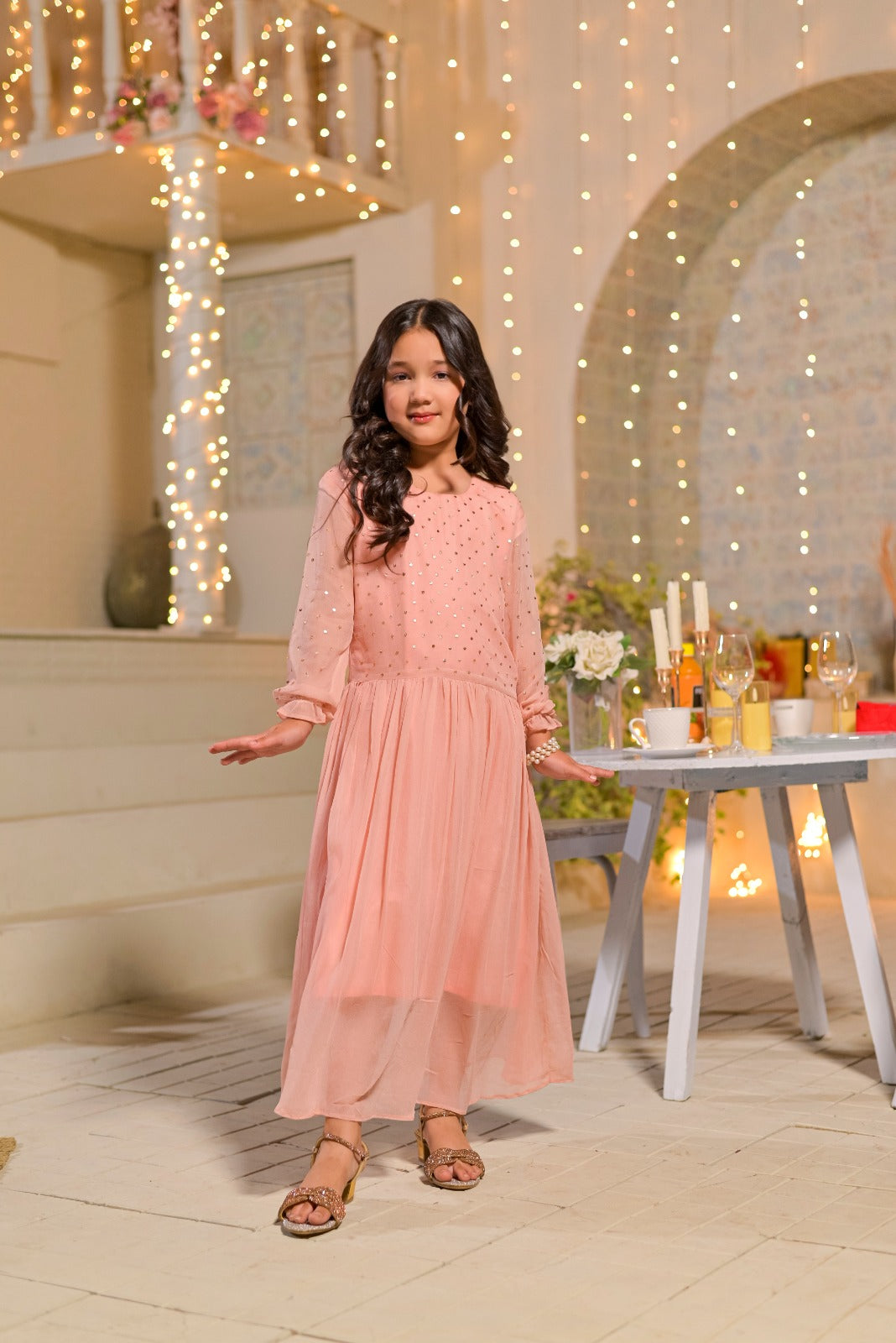 Silcot Girls RTW Hand work Chiffon 1 Piece Suit Peach Stardust Eid Collection