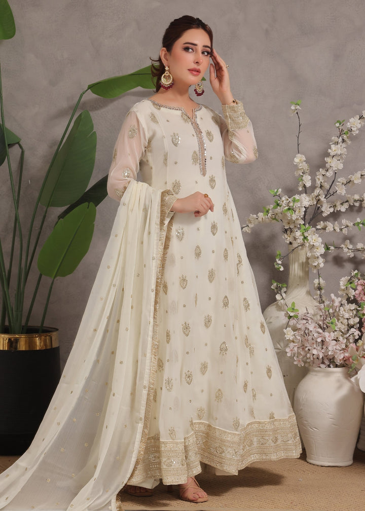 Mommy and Me by Abaan Zohan RTW Embroidered Chiffon 3 Piece Suit Raunak Off White - Festive Collection
