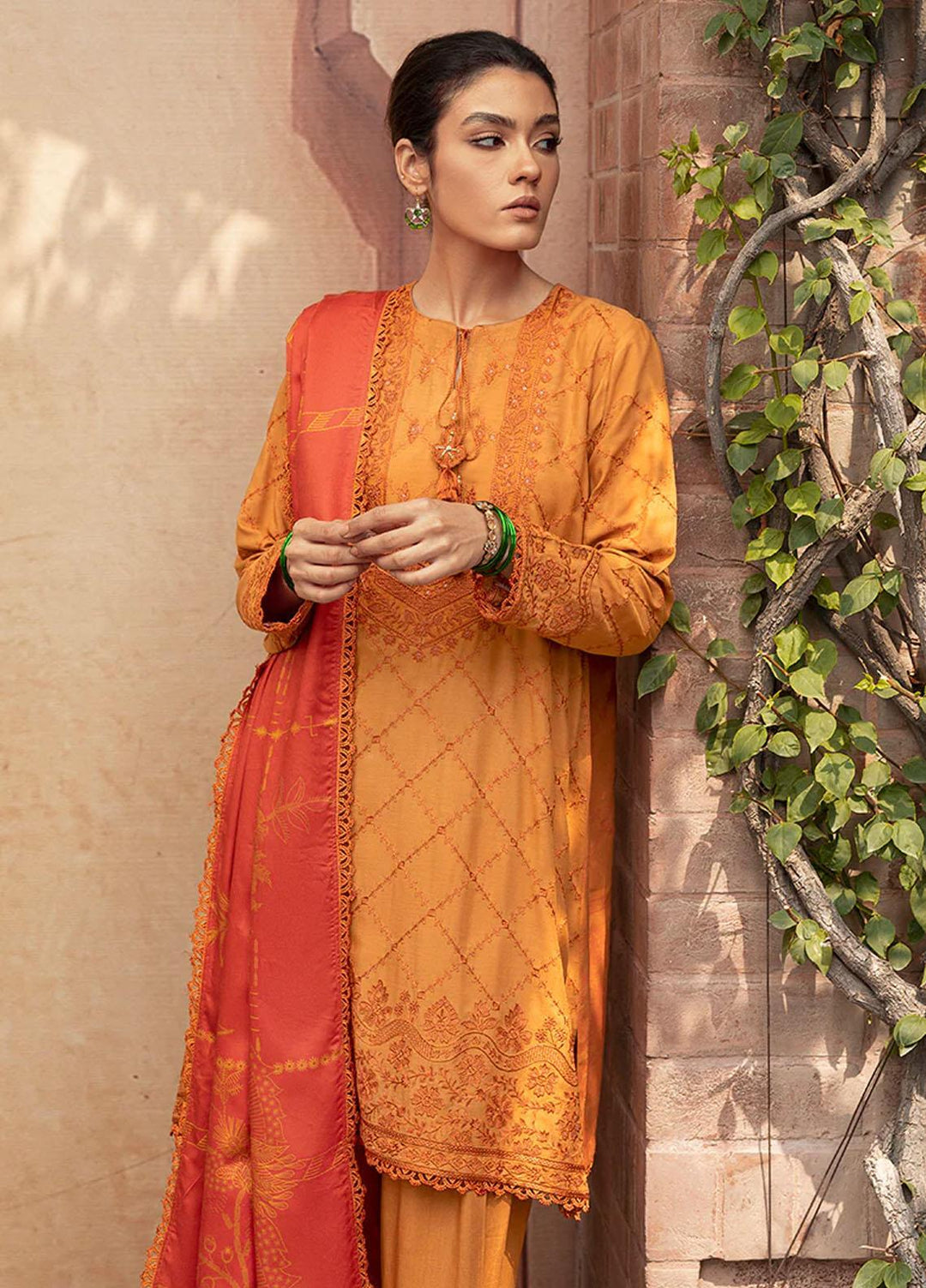 Cross Stitch Embroidered Linen Suits Unstitched 3 Piece CS22W 03 Ochre Tan - Winter Collection
