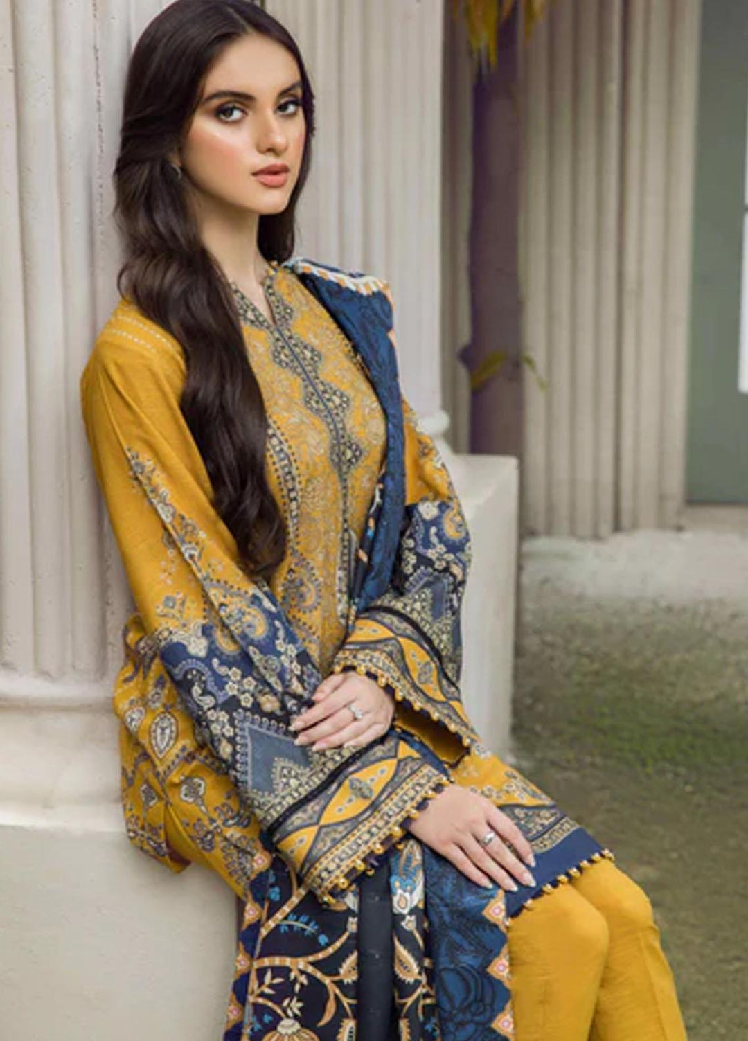 Winter Blossoms By Seran Embroidered Khaddar Suits Unstitched 3 Piece SRN22WB 03 Marigold - Winter Collection