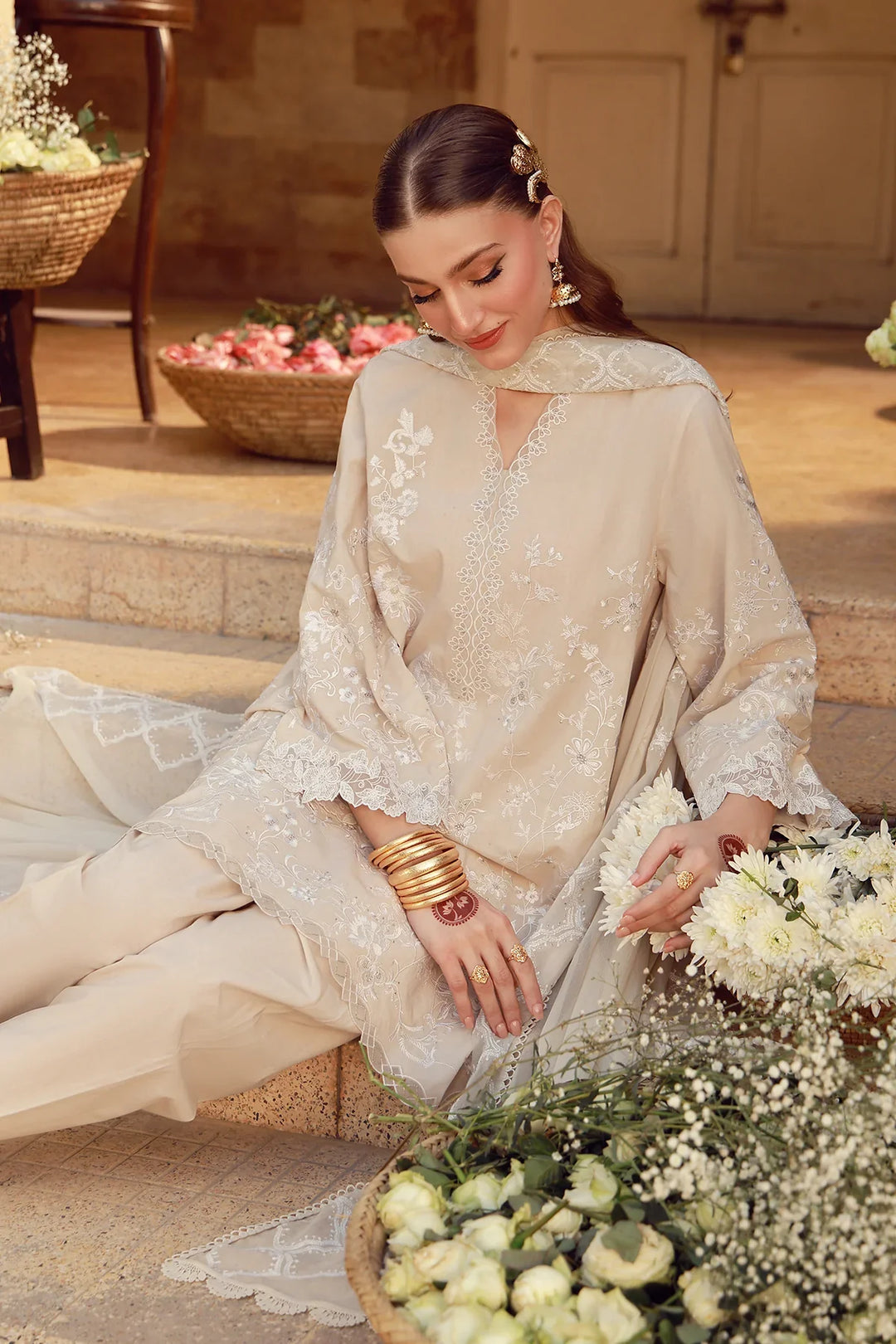 Sahar Unstitched Chikankari Lawn Ivory Mirage 3 Piece Suit CK-26-V2-04 - Summer Collection