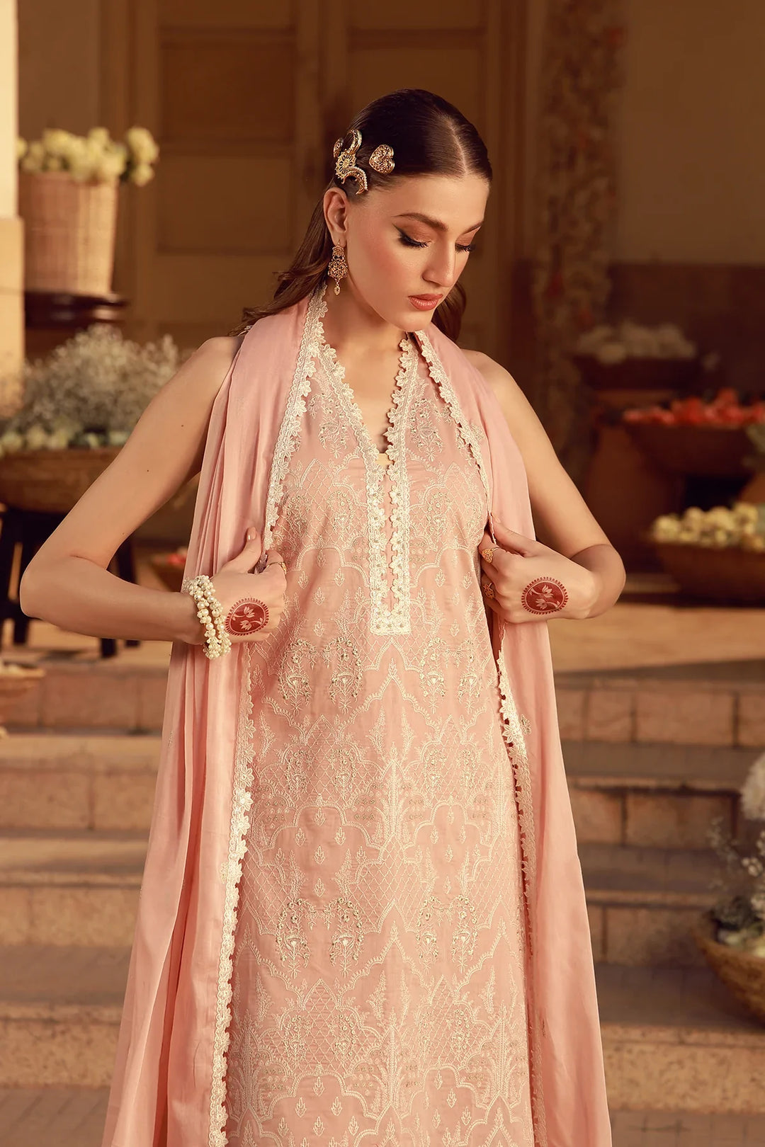 Sahar Unstitched Chikankari Lawn Peach Blosoom Muse 3 Piece Suit CK-26-V2-01 - Summer Collection