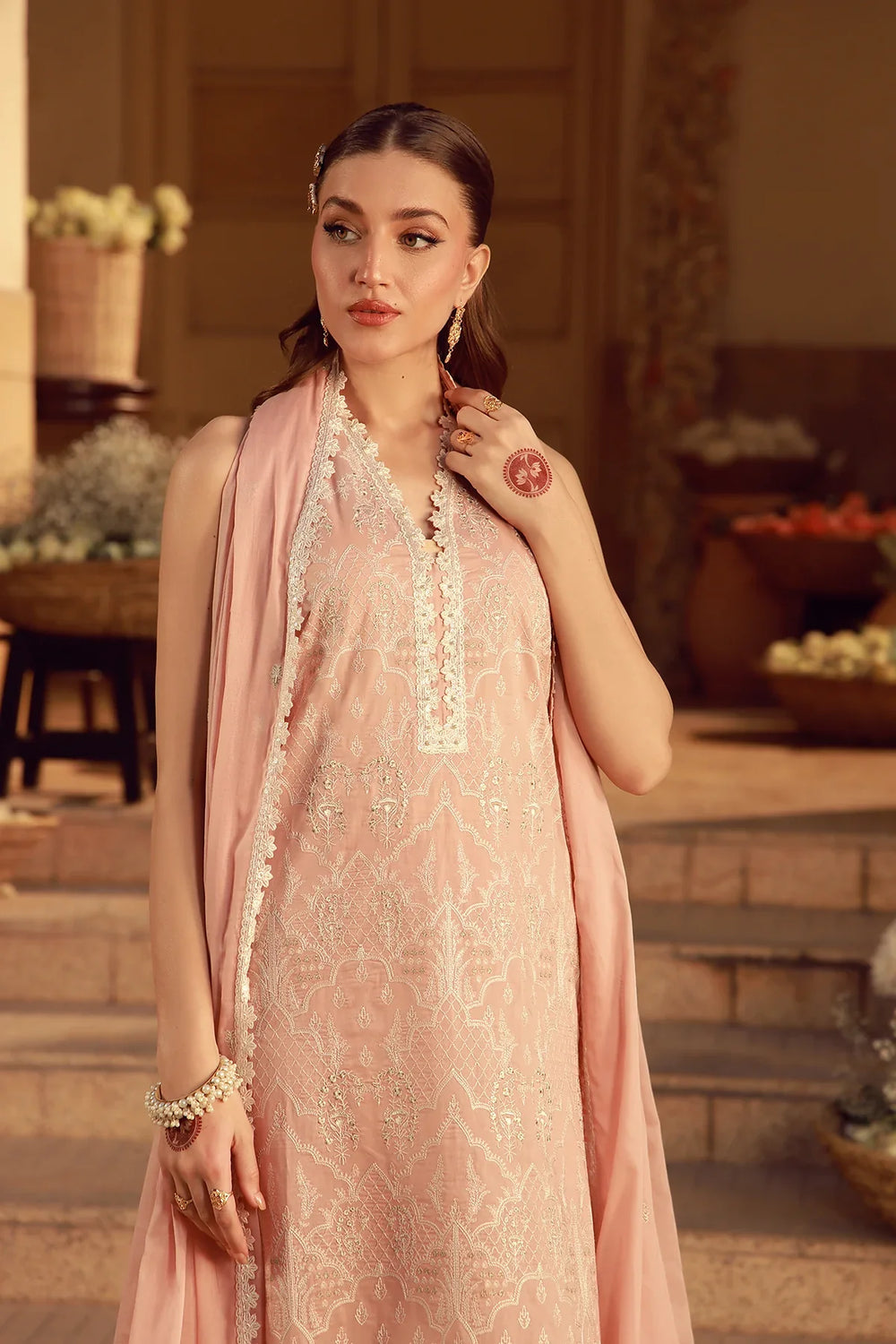 Sahar Unstitched Chikankari Lawn Peach Blosoom Muse 3 Piece Suit CK-26-V2-01 - Summer Collection