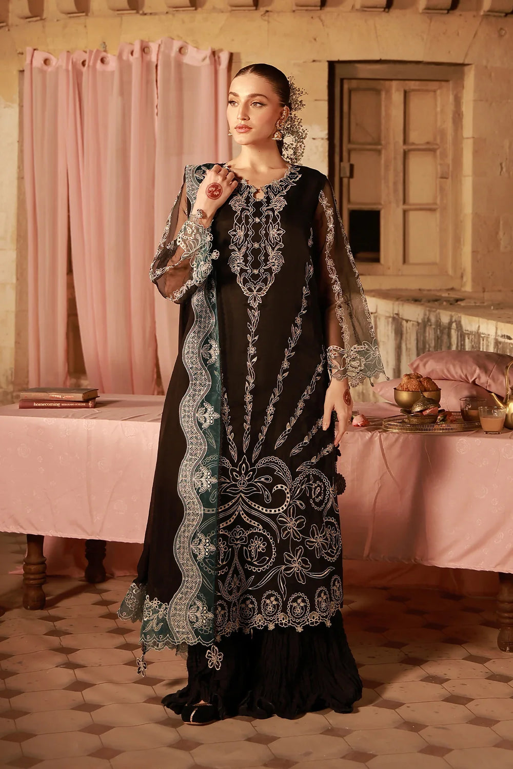 Sahar Unstitched Embroidered Organza Midnight Opulence 4 Piece Suit SS1-26-FE-03 - Summer Collection
