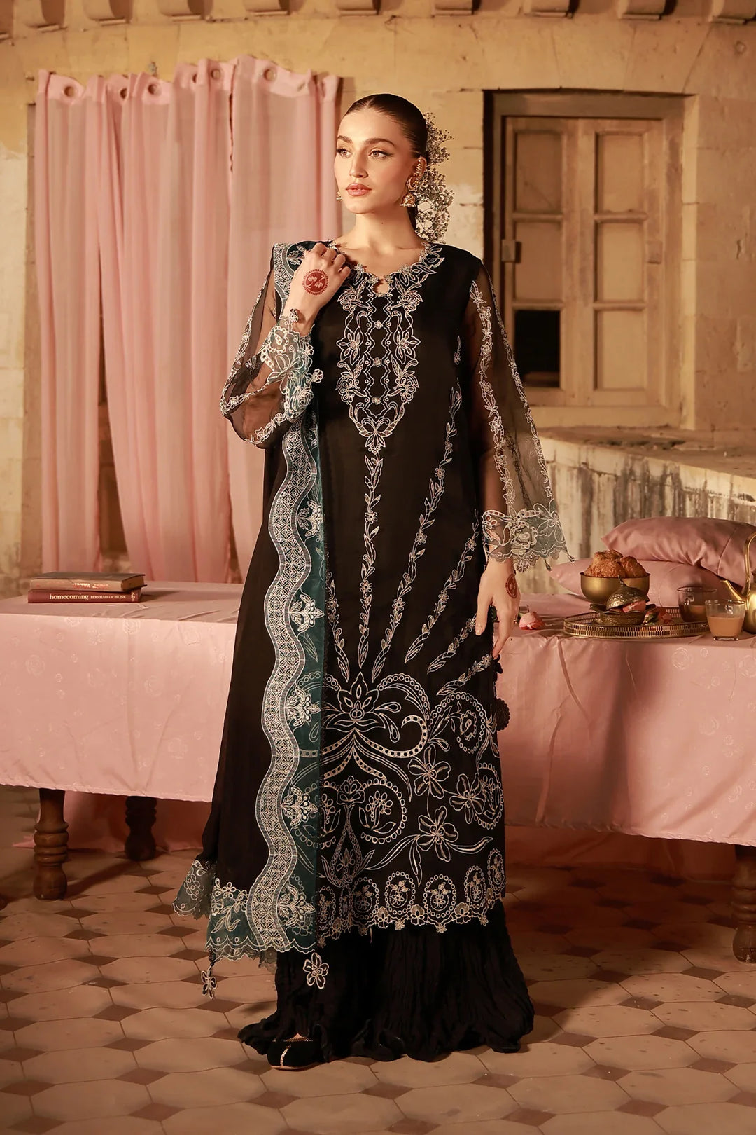 Sahar Unstitched Embroidered Organza Midnight Opulence 4 Piece Suit SS1-26-FE-03 - Summer Collection