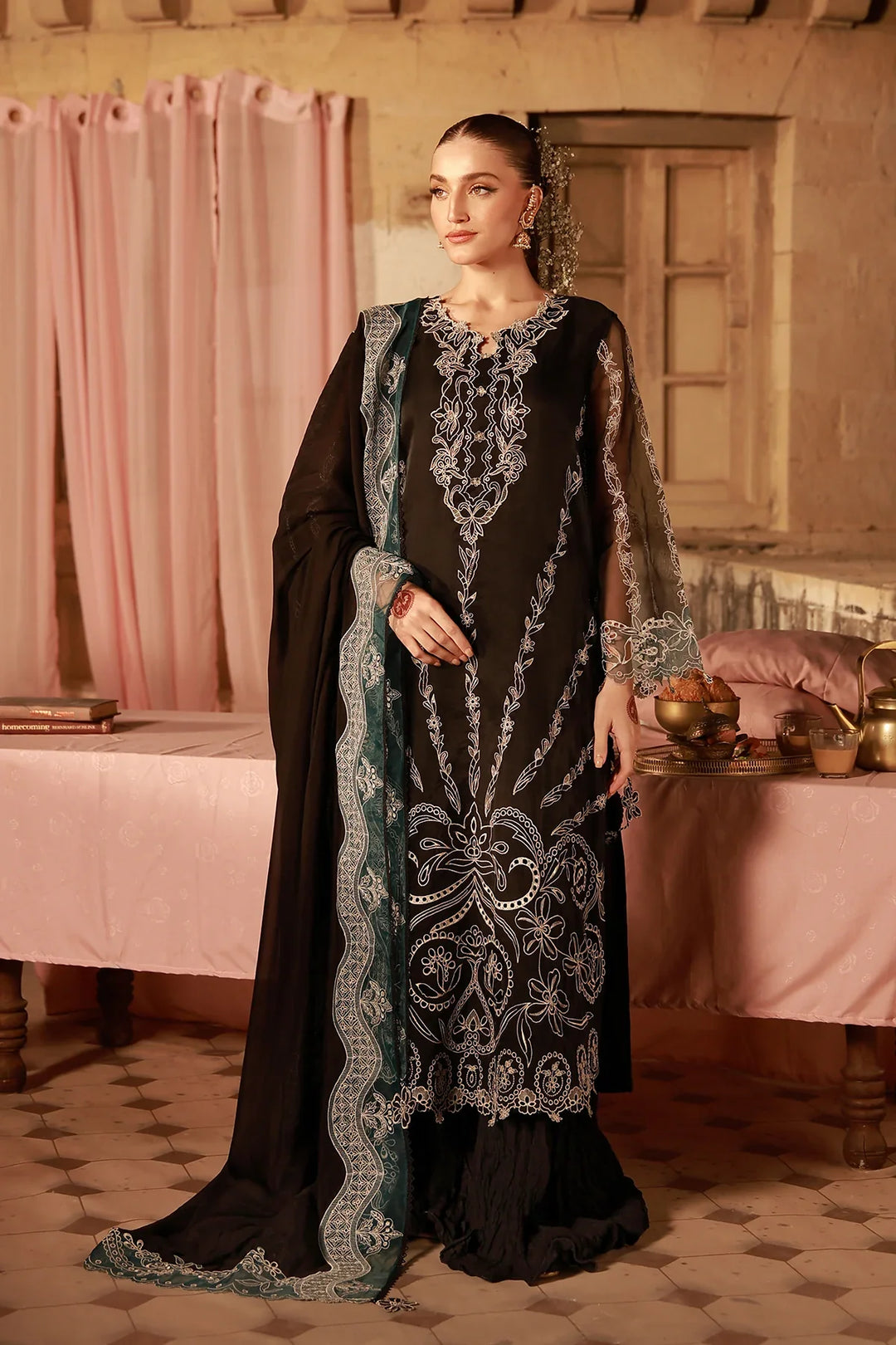 Sahar Unstitched Embroidered Organza Midnight Opulence 4 Piece Suit SS1-26-FE-03 - Summer Collection
