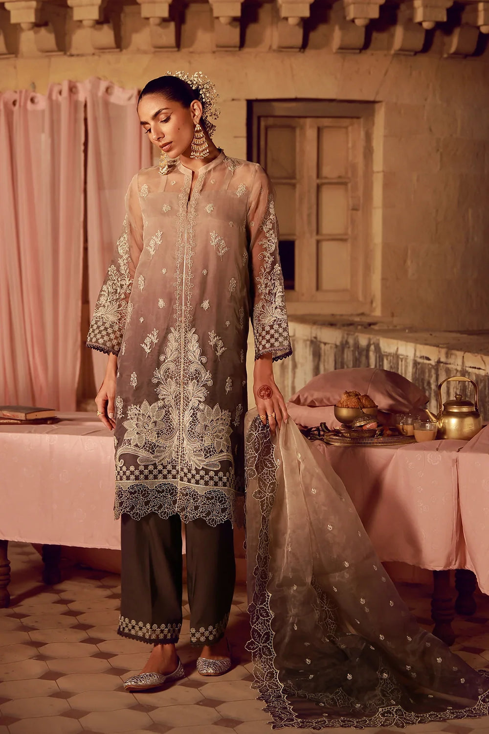 Sahar Unstitched Embroidered Organza Sepia Soiree 4 Piece Suit SS1-26-FE-08 - Summer Collection