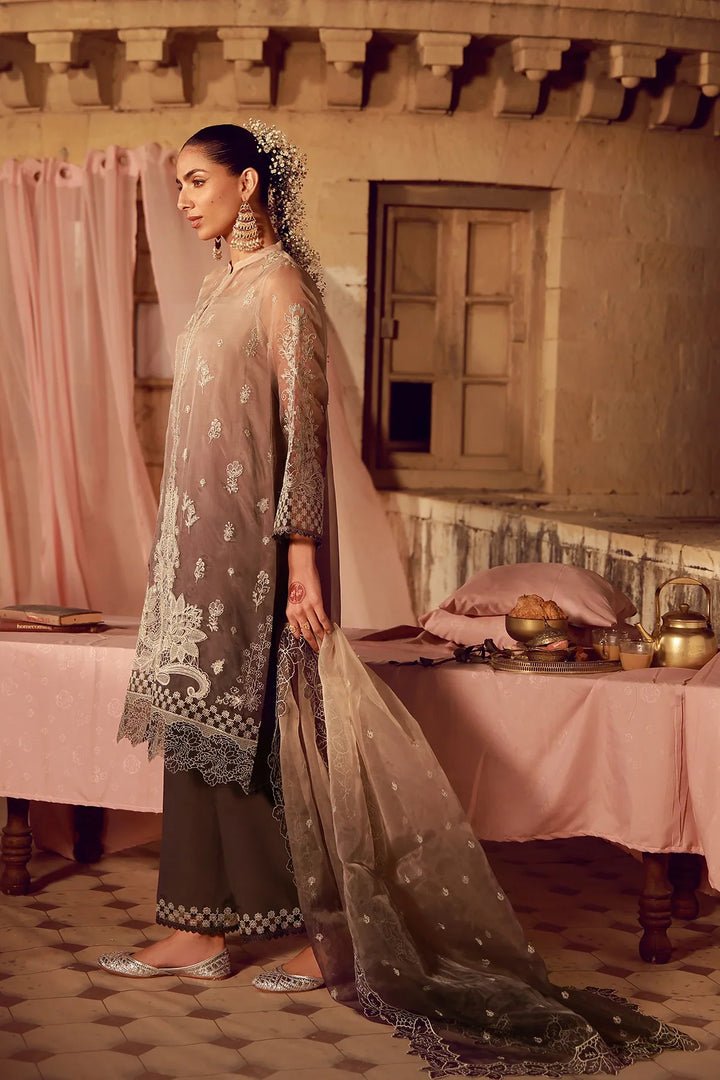 Sahar Unstitched Embroidered Organza Sepia Soiree 4 Piece Suit SS1-26-FE-08 - Summer Collection