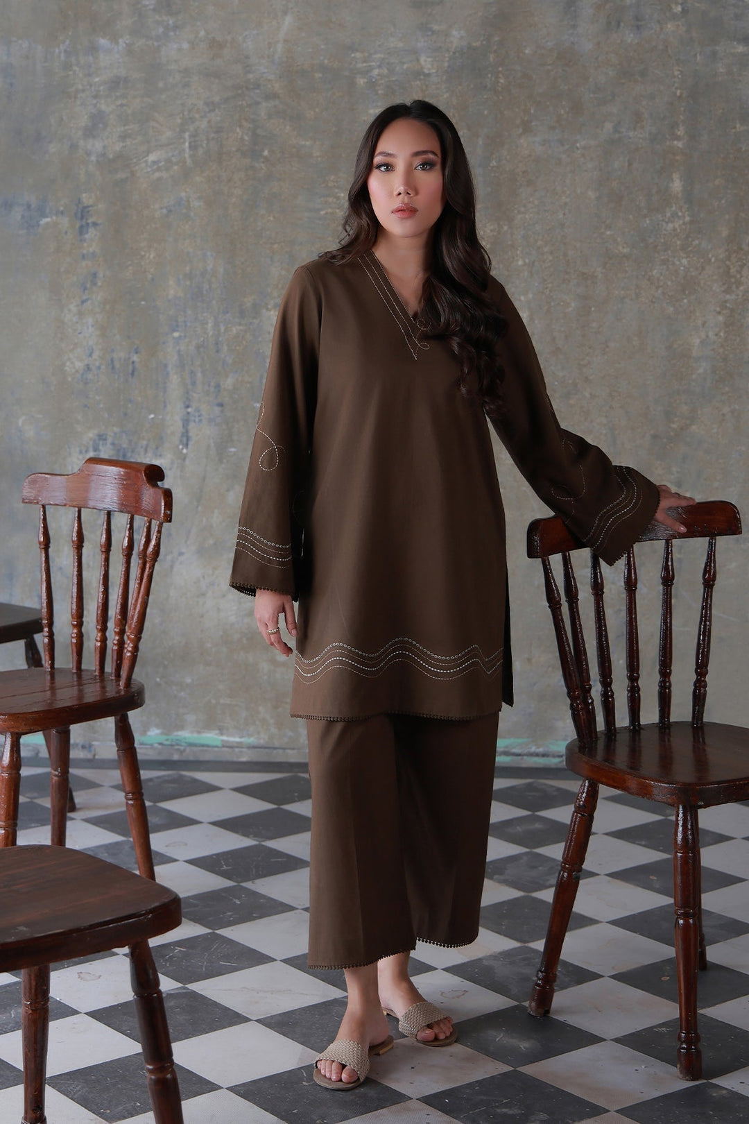 Neutral Edit by Sahar RTW Embroidered Cambric 2 Piece Suit Cocoa Casual Collection