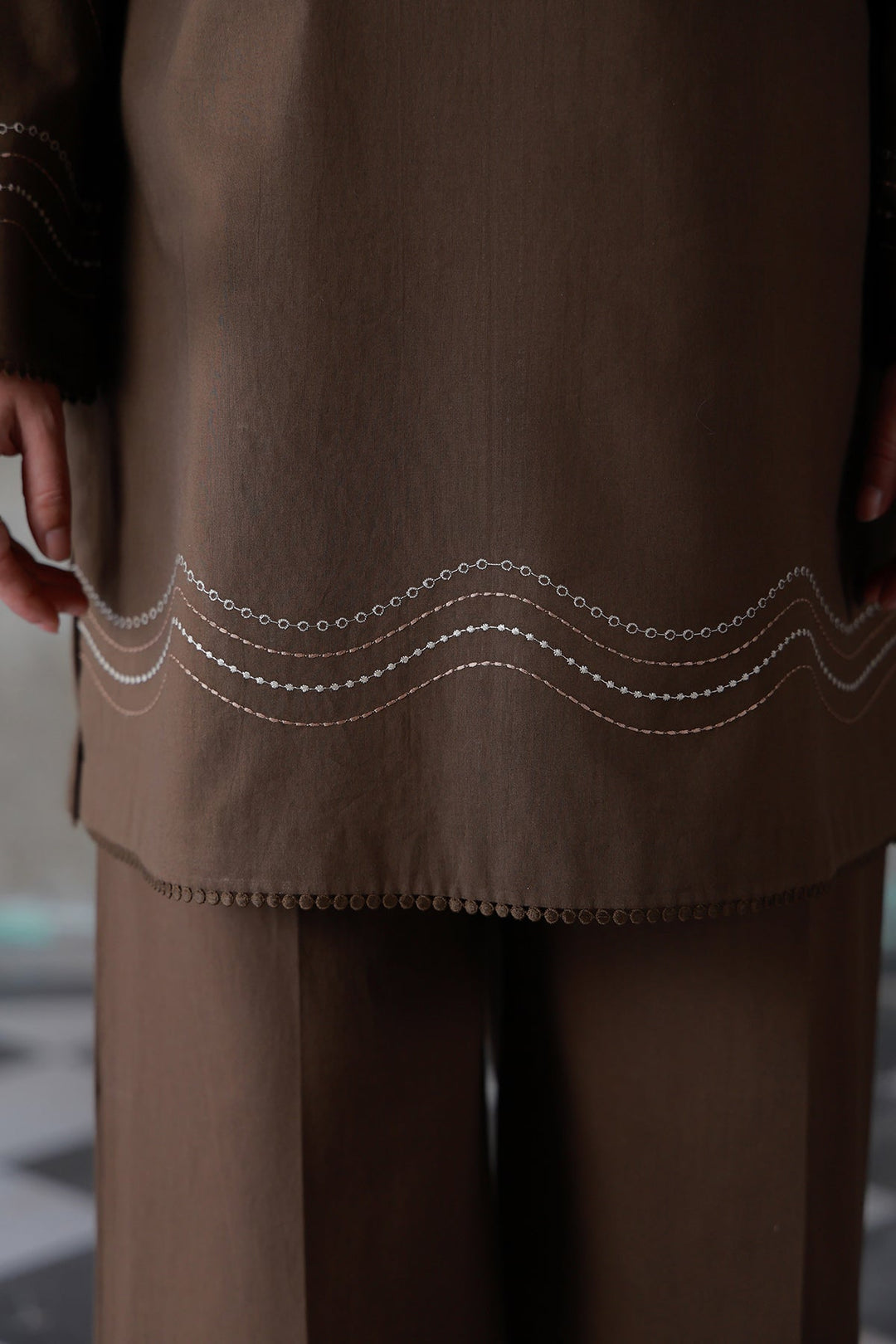 Neutral Edit by Sahar RTW Embroidered Cambric 2 Piece Suit Cocoa Casual Collection