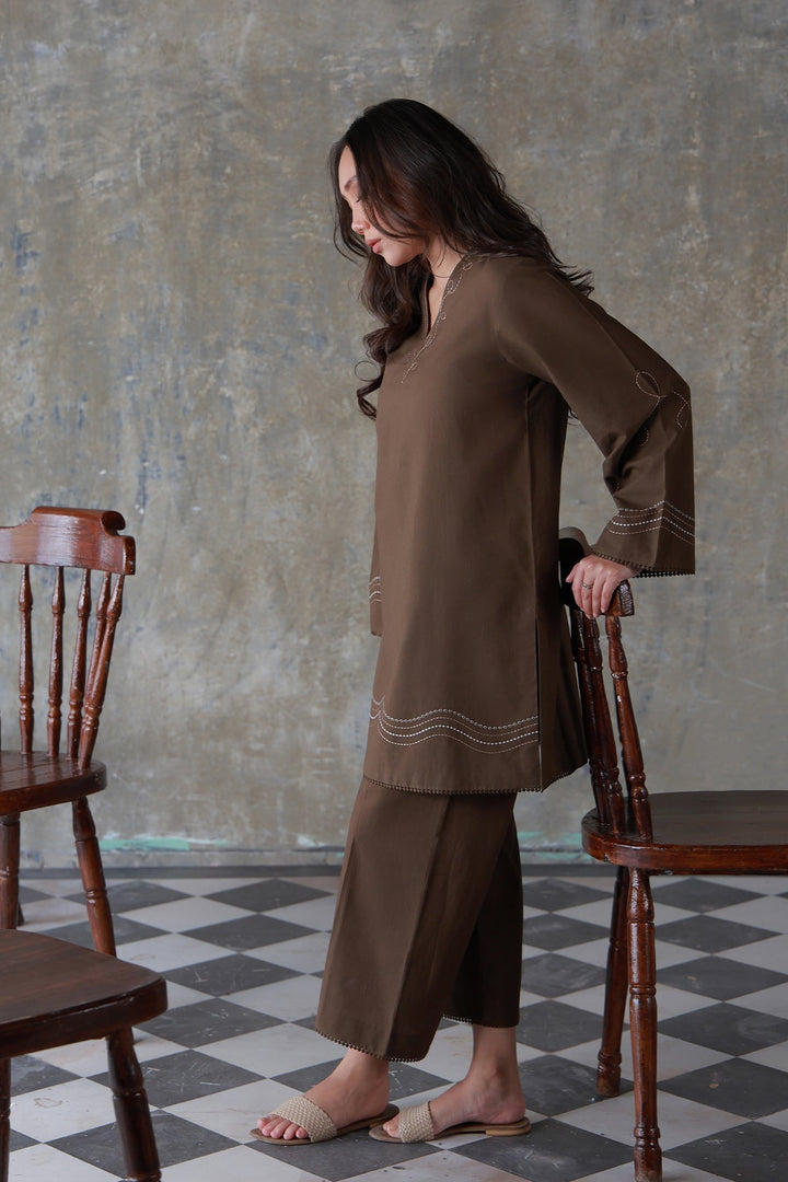 Neutral Edit by Sahar RTW Embroidered Cambric 2 Piece Suit Cocoa Casual Collection