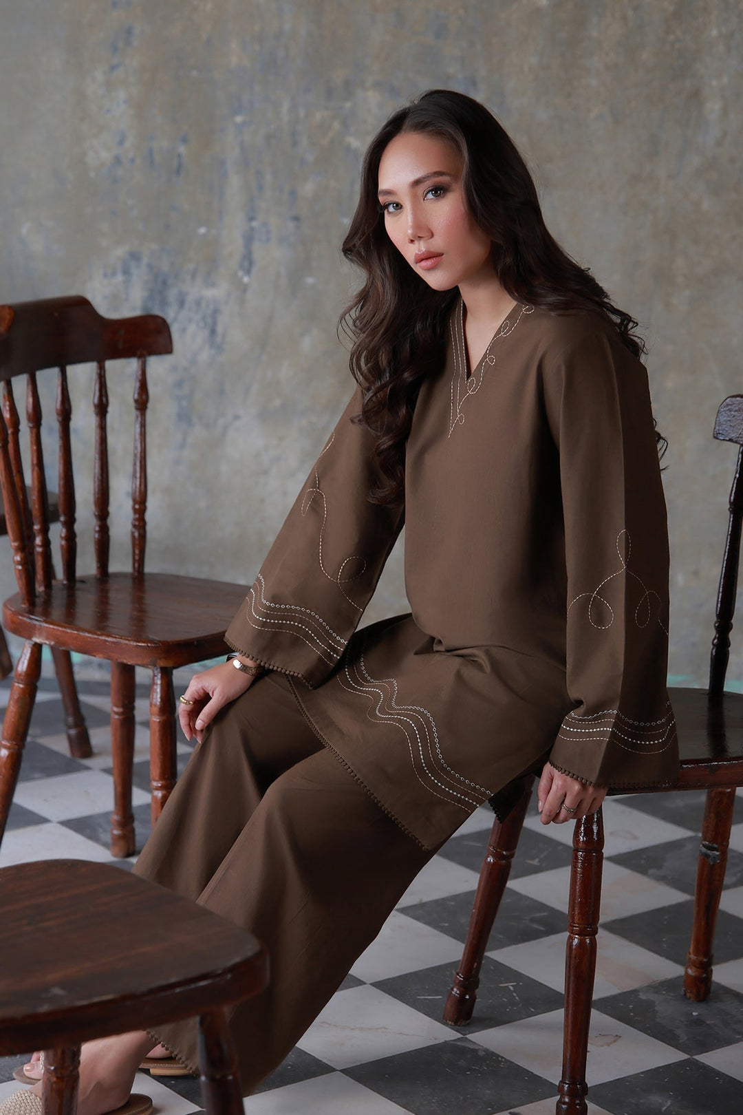Neutral Edit by Sahar RTW Embroidered Cambric 2 Piece Suit Cocoa Casual Collection