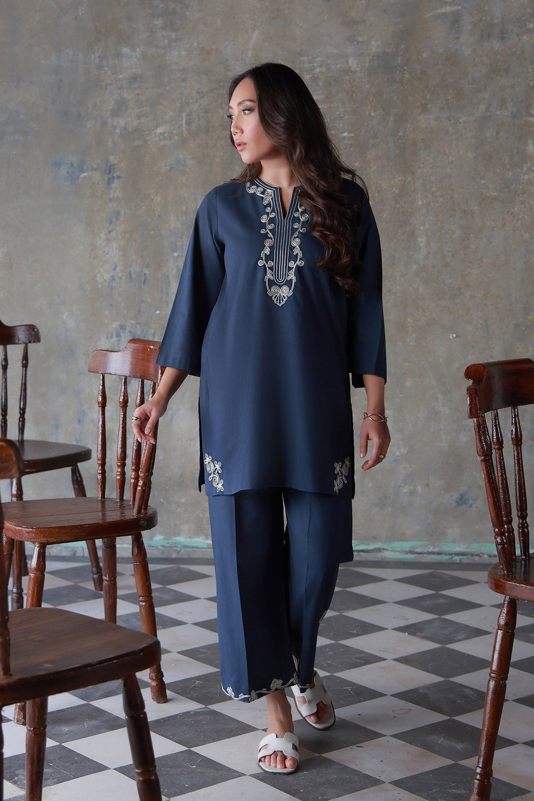 Neutral Edit by Sahar RTW Chikankari Cambric 2 Piece Suit Midnight Coil Casual Collection