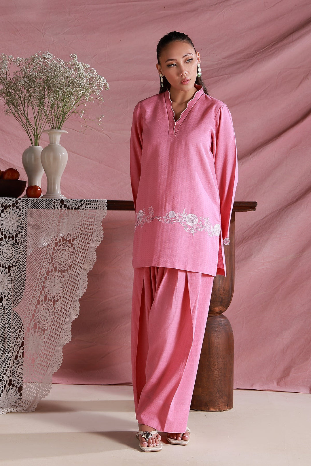Sahar Women Pret Essentials Embroidered Dobby Pink Petal Co-Ord Sets - Summer Collection