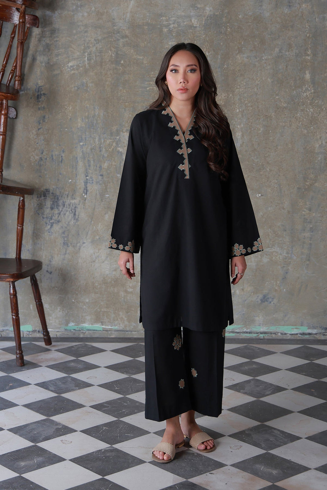 Neutral Edit by Sahar RTW Embroidered Cambric 2 Piece Suit Noir eclat Casual Collection