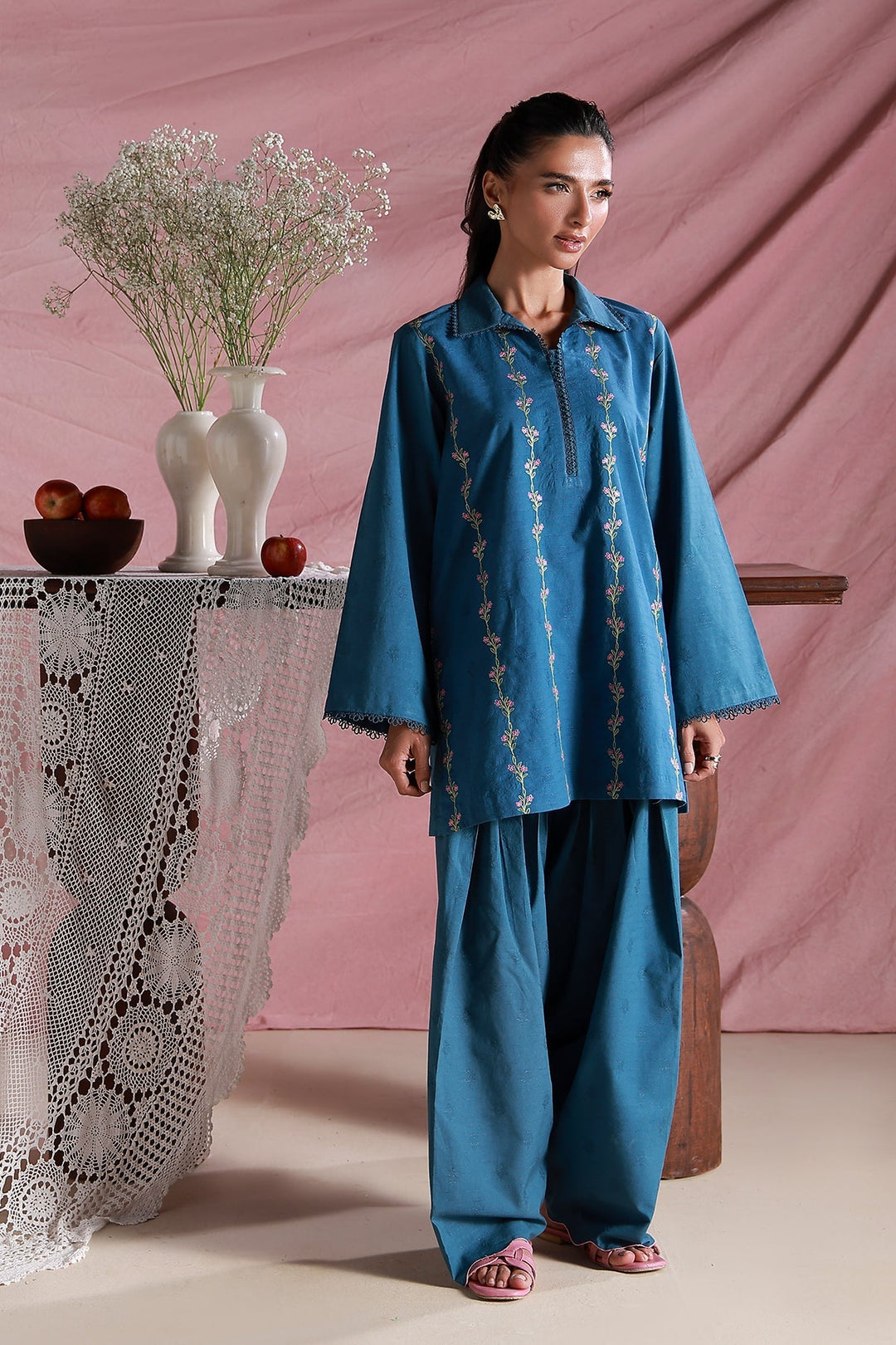 Sahar Women Pret Essentials Embroidered Dobby Washed Sky Co-Ord Sets - Summer Collection