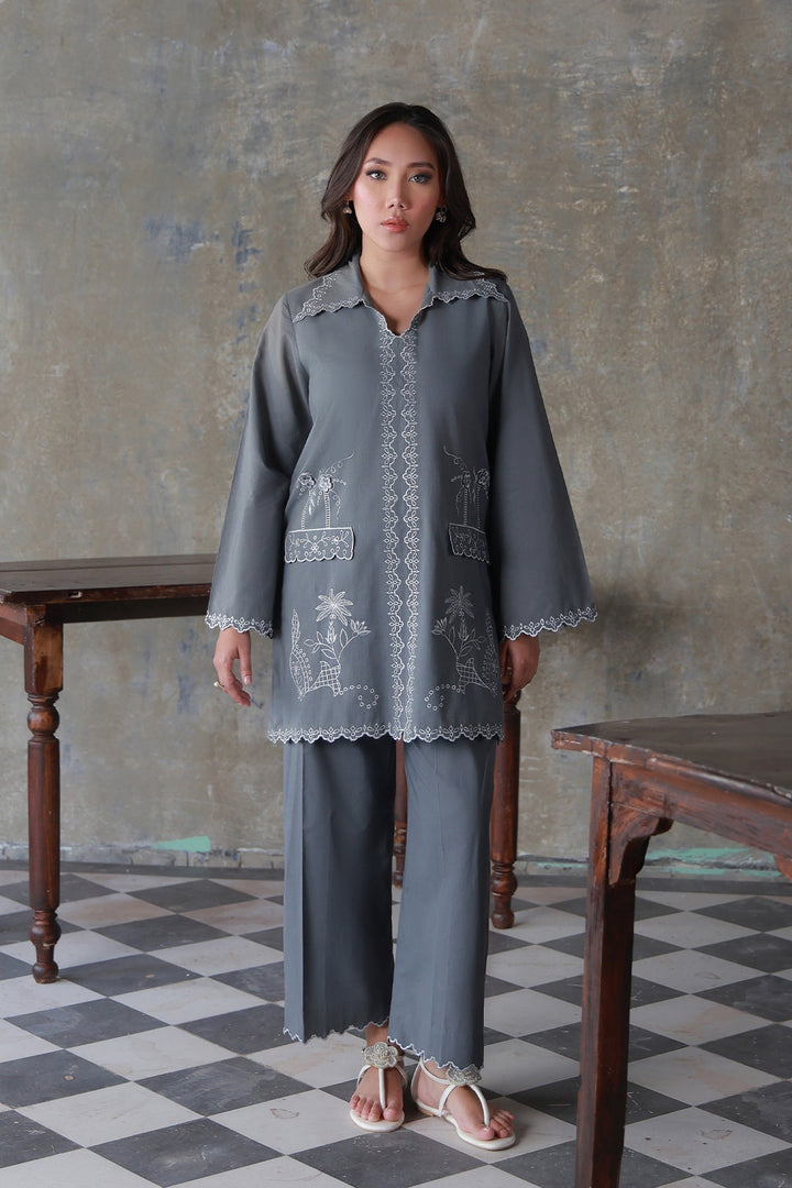 Neutral Edit by Sahar RTW Embroidered Cambric 2 Piece Suit Misty Haze Casual Collection