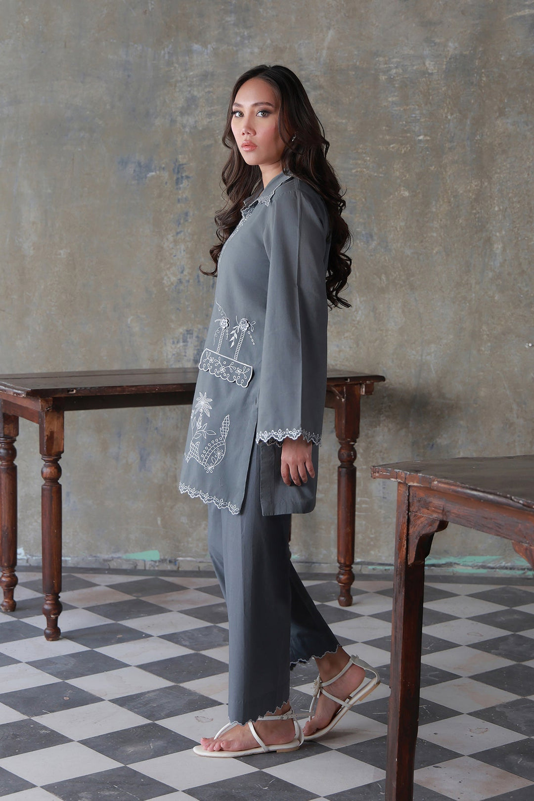 Neutral Edit by Sahar RTW Embroidered Cambric 2 Piece Suit Misty Haze Casual Collection