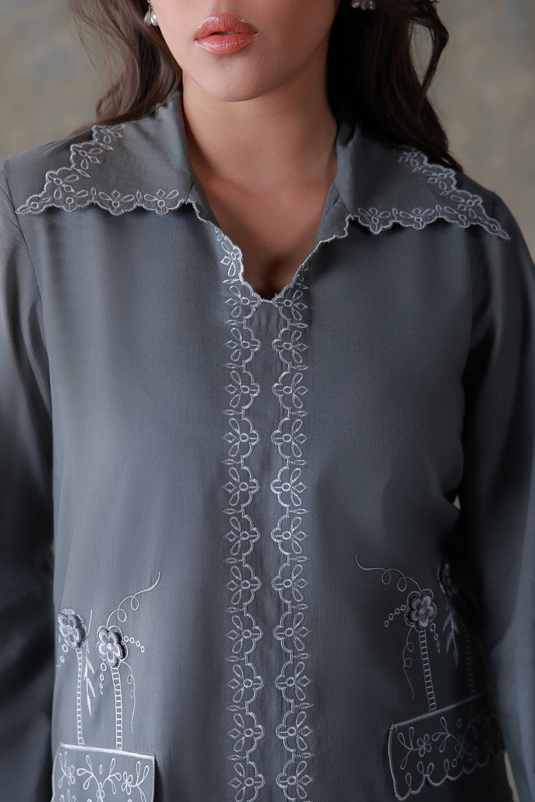 Neutral Edit by Sahar RTW Embroidered Cambric 2 Piece Suit Misty Haze Casual Collection