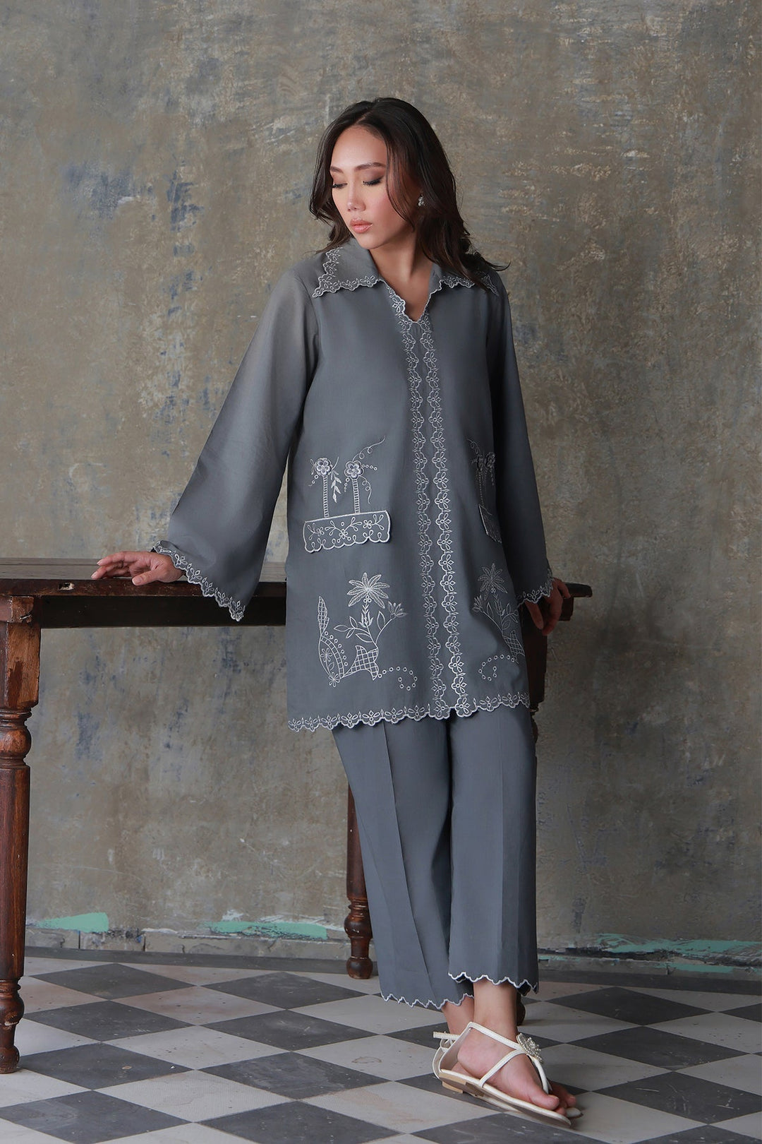 Neutral Edit by Sahar RTW Embroidered Cambric 2 Piece Suit Misty Haze Casual Collection