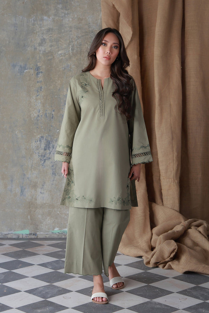 Neutral Edit by Sahar RTW Embroidered Cambric 2 Piece Suit Olive Dune Casual Collection