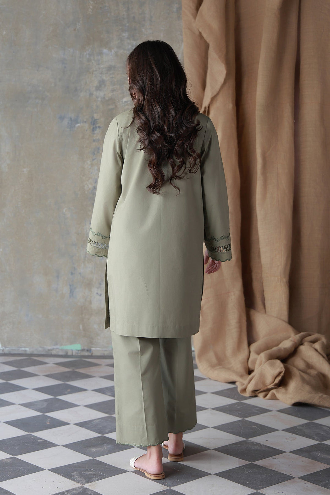 Neutral Edit by Sahar RTW Embroidered Cambric 2 Piece Suit Olive Dune Casual Collection