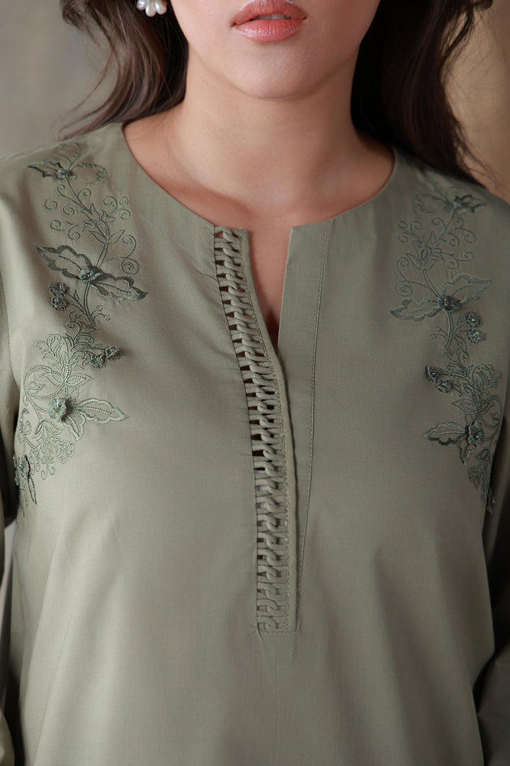 Neutral Edit by Sahar RTW Embroidered Cambric 2 Piece Suit Olive Dune Casual Collection