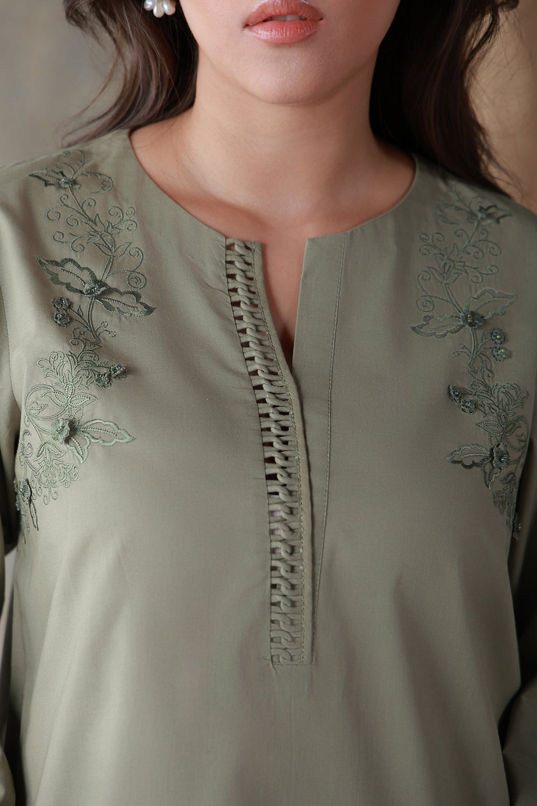 Neutral Edit by Sahar RTW Embroidered Cambric 2 Piece Suit Olive Dune Casual Collection