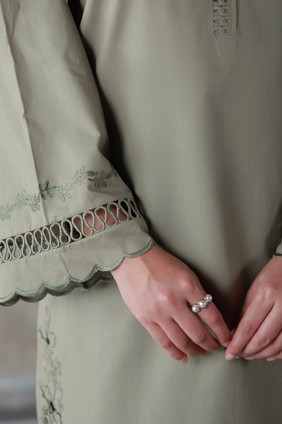 Neutral Edit by Sahar RTW Embroidered Cambric 2 Piece Suit Olive Dune Casual Collection