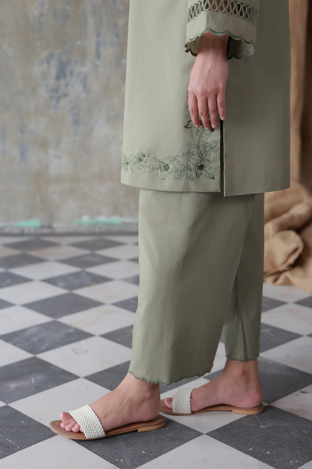 Neutral Edit by Sahar RTW Embroidered Cambric 2 Piece Suit Olive Dune Casual Collection