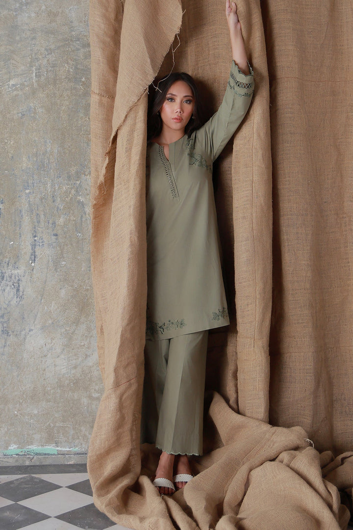 Neutral Edit by Sahar RTW Embroidered Cambric 2 Piece Suit Olive Dune Casual Collection