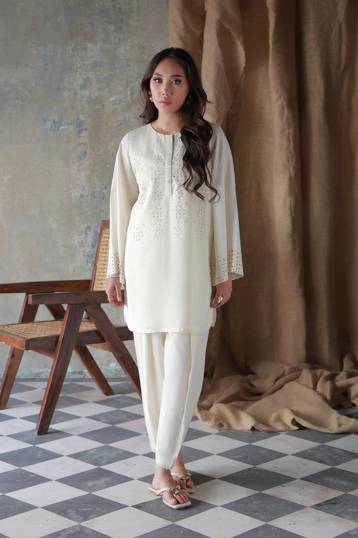 Neutral Edit by Sahar RTW Embroidered Cambric 2 Piece Suit Vanilla Hue Casual Collection