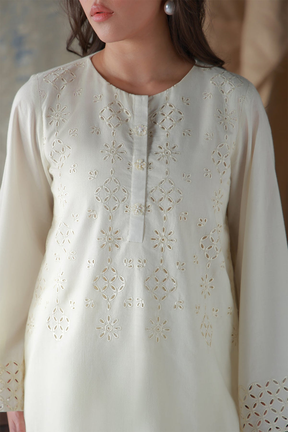 Neutral Edit by Sahar RTW Embroidered Cambric 2 Piece Suit Vanilla Hue Casual Collection