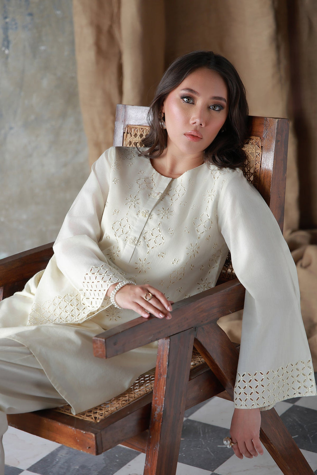 Neutral Edit by Sahar RTW Embroidered Cambric 2 Piece Suit Vanilla Hue Casual Collection