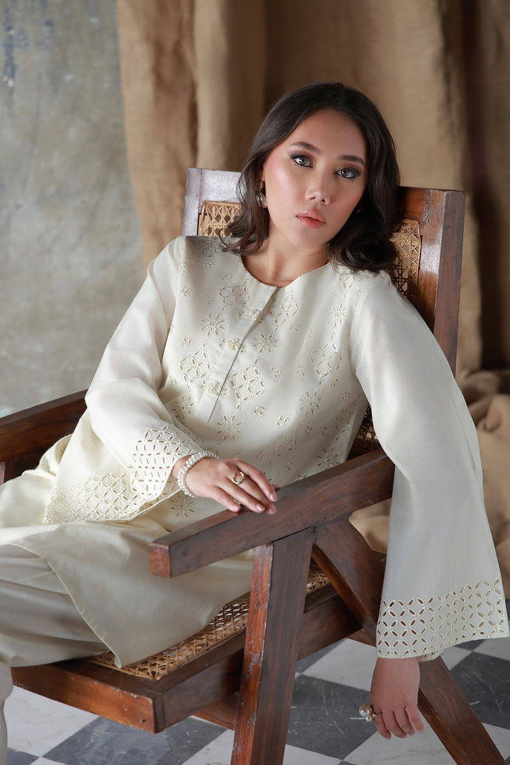 Neutral Edit by Sahar RTW Embroidered Cambric 2 Piece Suit Vanilla Hue Casual Collection