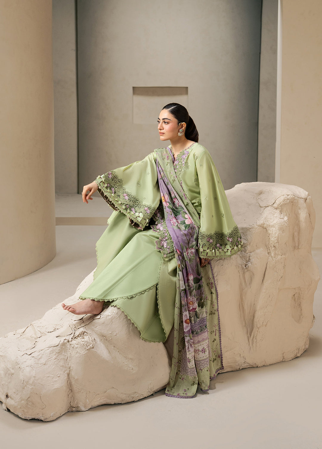 E-Craft by Elaf Unstitched Embroidered Lawn 3 Piece Suit EHC-6A Basil - Casual Collection