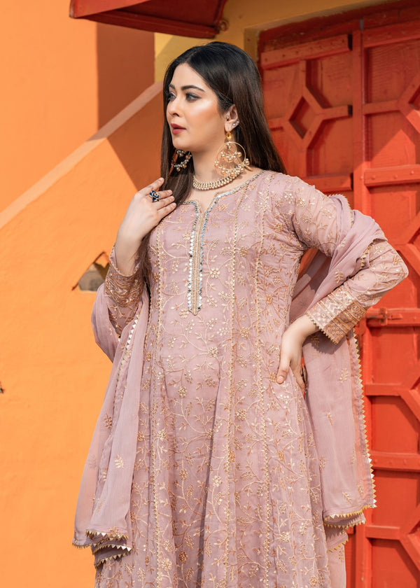 Unss Apparel Women Pret Embroidered Chiffon 3 Piece Suit Haani Tea Pink - Festive Collection