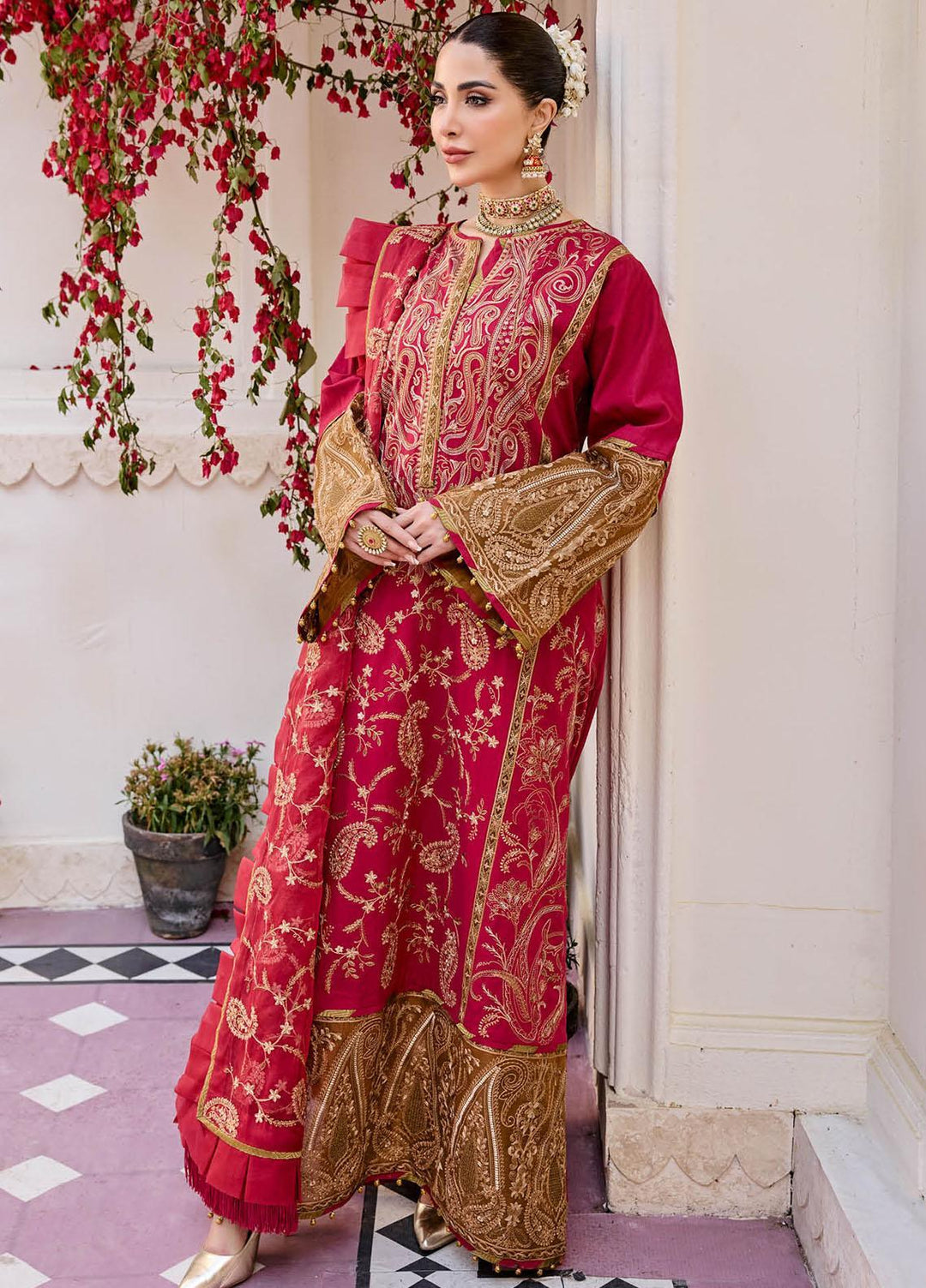 Eid e Nobahar By Maryum N Maria Embroidered Lawn Suits Unstitched 3 Piece MNM23EN MLFD-089 GRANBERRY - Luxury Summer Collection