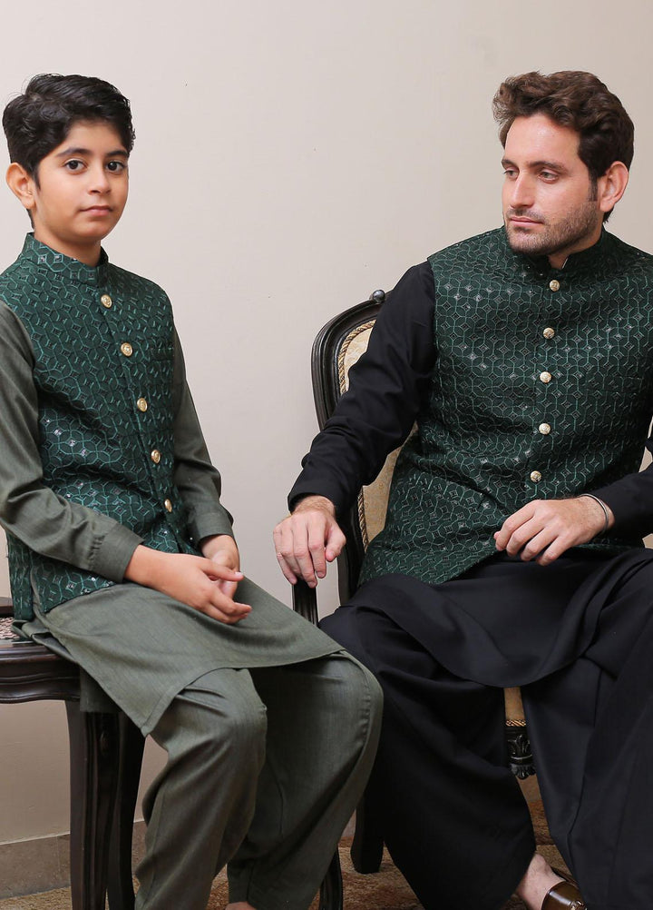 Real Image Raw Silk Smart Fit Waistcoat for Kids -  OKW-009 Drk Green